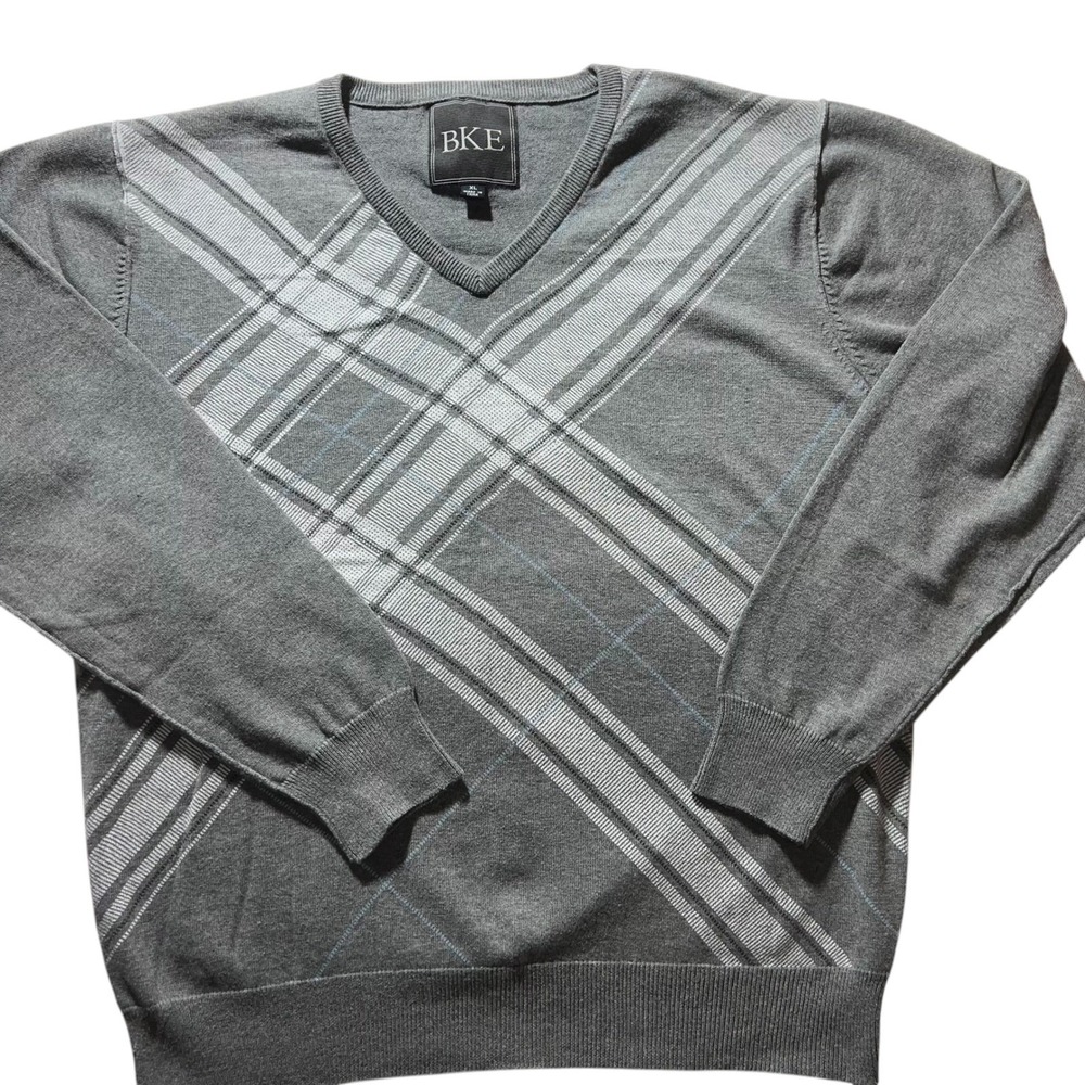 BKE V-Neck Sweater Mens XL Grey Excellent Argyle Plaid Cotton SYP9-111TBK